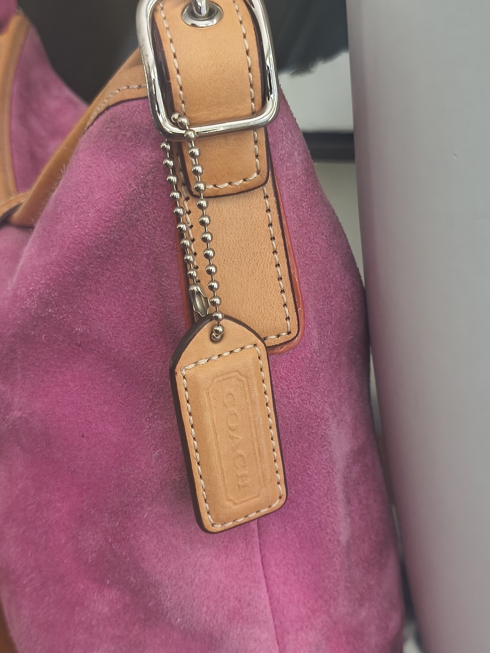 Coach Pink Suede Shoulder Bag with Tan Leather Trim - Picture 4 of 15